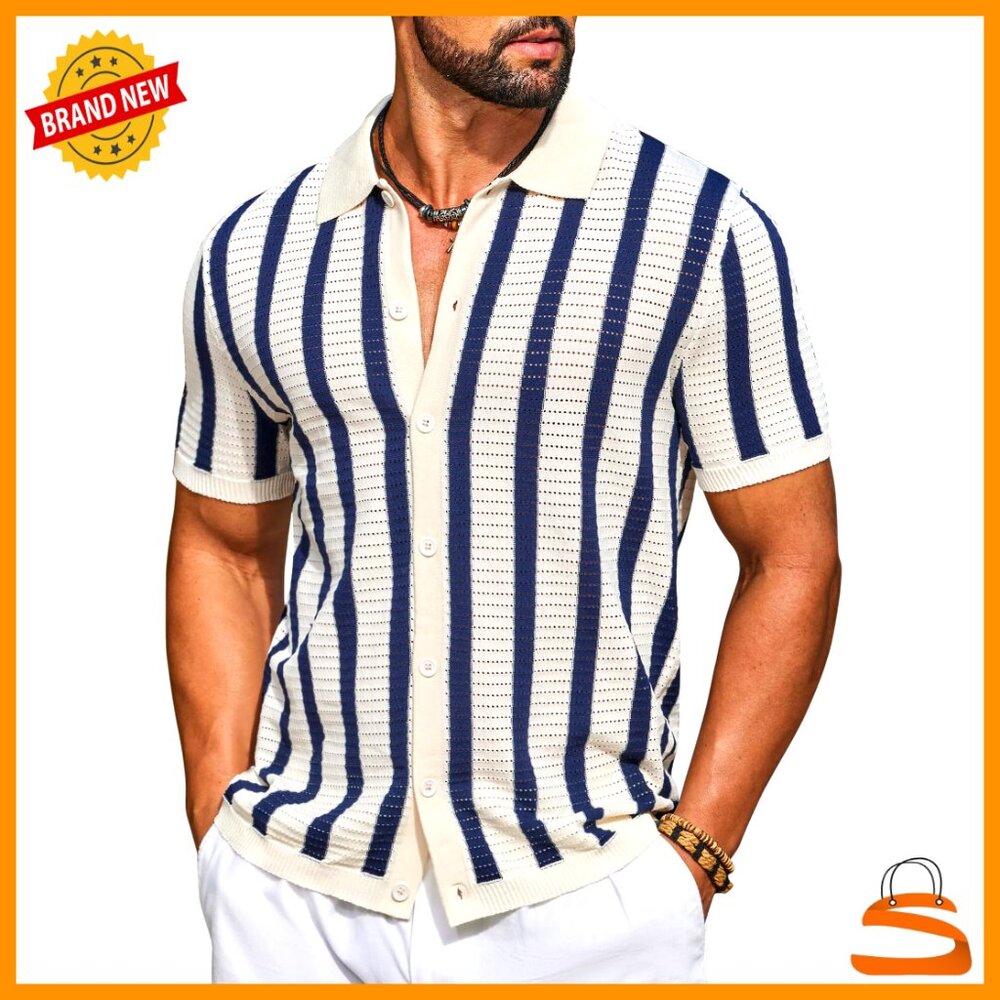 Men's Knit Short Sleeve Button Down Polo Shirt Striped Casual Summer Beach Wear